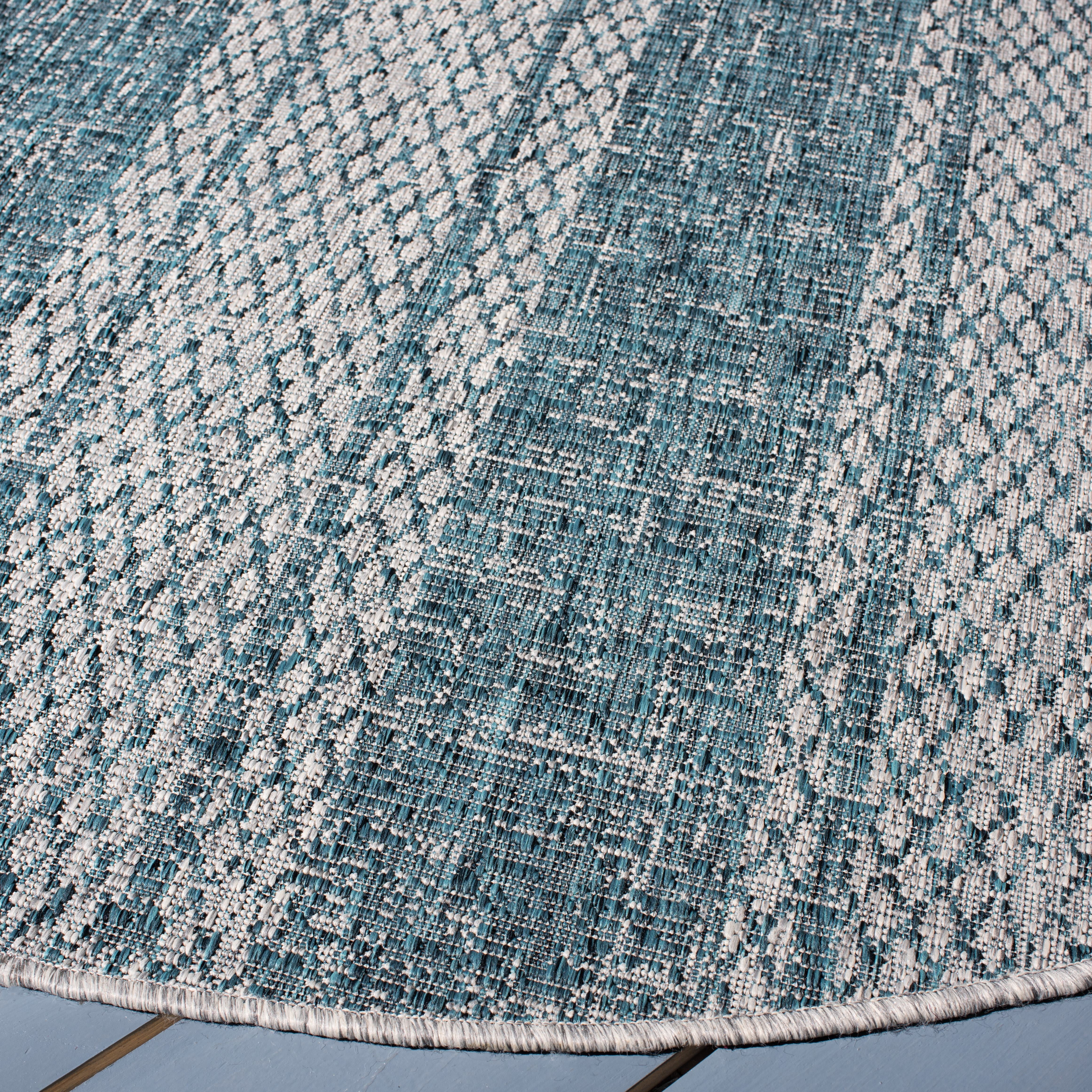 SAFAVIEH Courtyard Robert Striped Indoor/Outdoor Area Rug, 6'7" x 6'7" Round, Light Grey/Teal