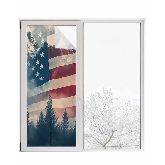 Window Privacy Film 4th of July Stained Glass Window Film Decorative Sun Block Window Cover Independence Day Mountain Forest Window Clings Static Adhesive Sticker for Bathroom 29.5"x78.7"