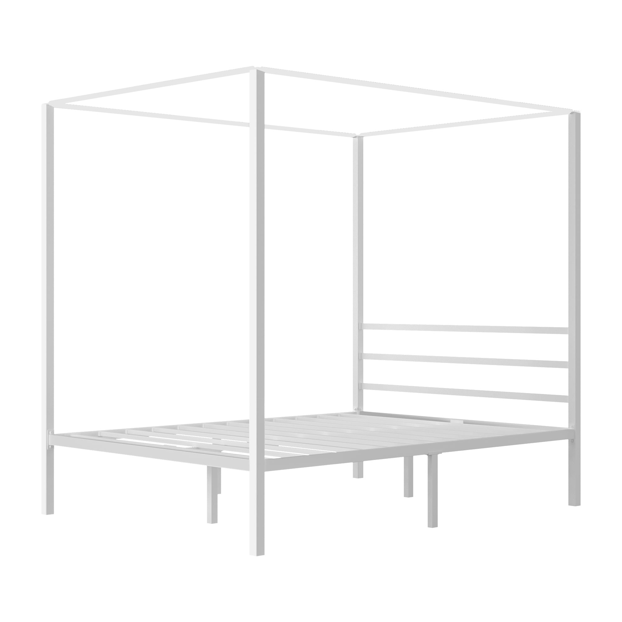 ModFusion – King Size 14 Inch Canopy Bed Frame , Build in Headboard and Strong Metal Slat and No Box Spring Required , White