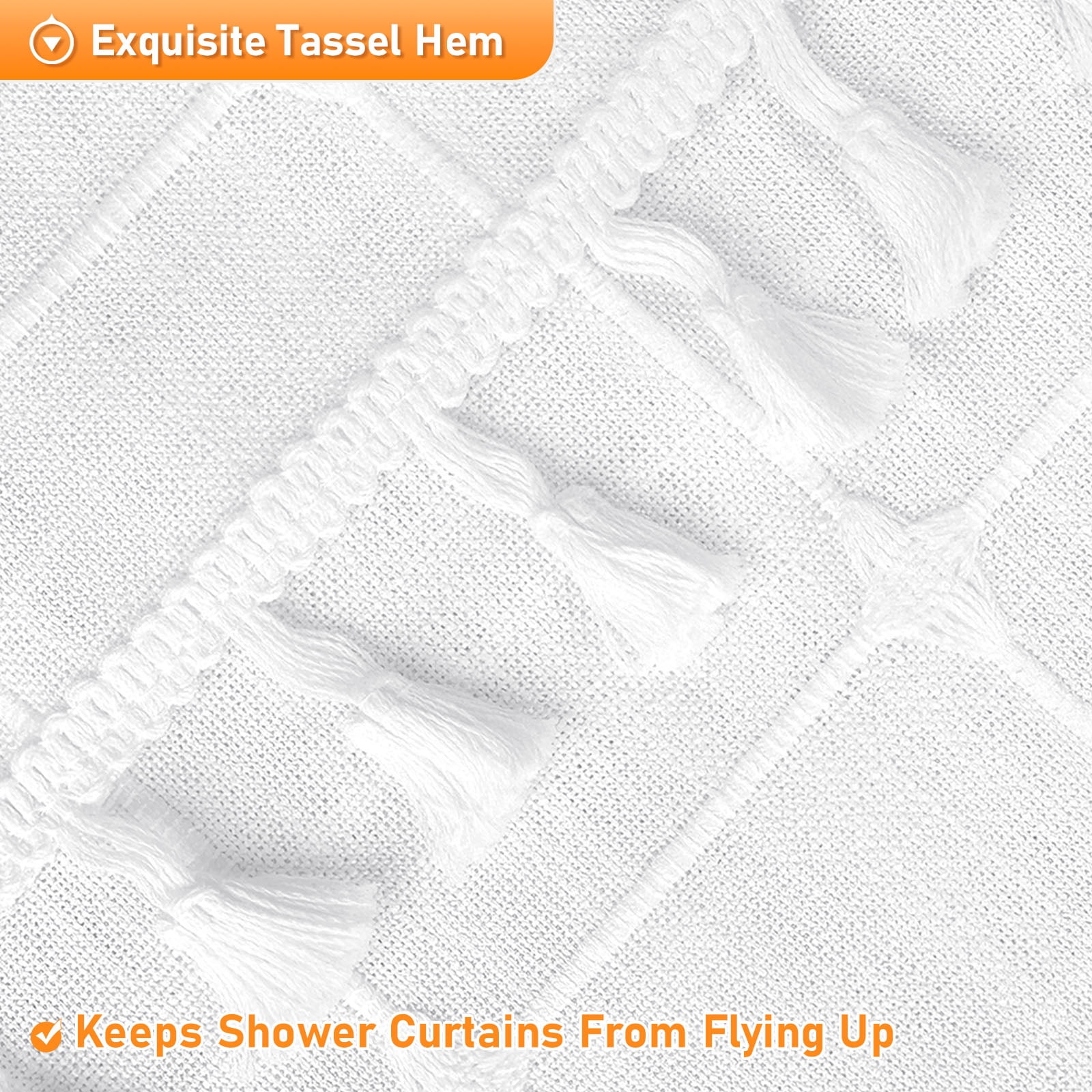 Lipa Boho Farmhouse Shower Curtain,Rustic Linen Blend Grid Shower Curtain with Tassels,Bathroom Shower Curtain with 12 Hooks,White,72" x 72"