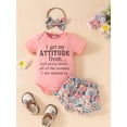 thumbnail image 4 of Aojekbee Baby Girls Summer Outfits Letter Print Short Sleeve Romper and Elastic Floral Shorts Cute Headband 3 Piece Clothes, 4 of 10