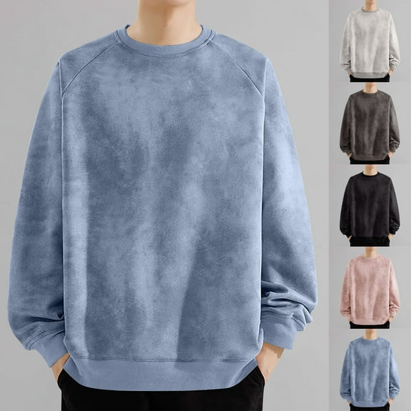 Crewneck Sweatshirts Men Blue Suede Pullover Solid Color Long Sleeved Plus Size Hoodless S