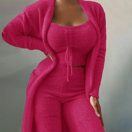 

Thermal clothesWomen s Winter Casual Solid Color Drawstring Plush Coat Vest Long Pants 3-piece Pajama Suit CHMORA