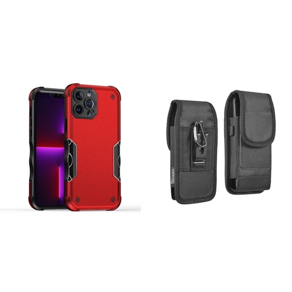 Case with Belt Holster Bundle for iPhone 14 Plus: Slim EX Hybrid Series Shockproof Case (Red) and Vertical Rugged Nylon Phone Pouch