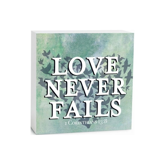 Love Never Fails Bluegreen Bird Heart 5 x 5 Wood Tabletop Sign Plaque