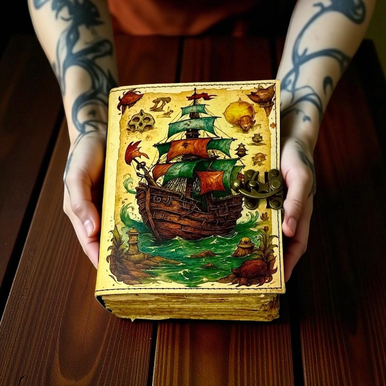 Handmade Leather Journal with Vintage Ship Artwork – 5x7 Inch Writing Notebook, 200 Handmade Deckle Pages, Antique-Style Lock, Travel Diary & Gift