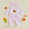 thumbnail image 4 of Cjfdfy Newborn Baby Girls Thanksgiving Turkey Outfits Pumpkin Turkey Embroidery Long Sleeve Plaid Footed Romper Headband My First Thanksgiving Fall Winter Outfit Little Turkey Clothes, 4 of 9