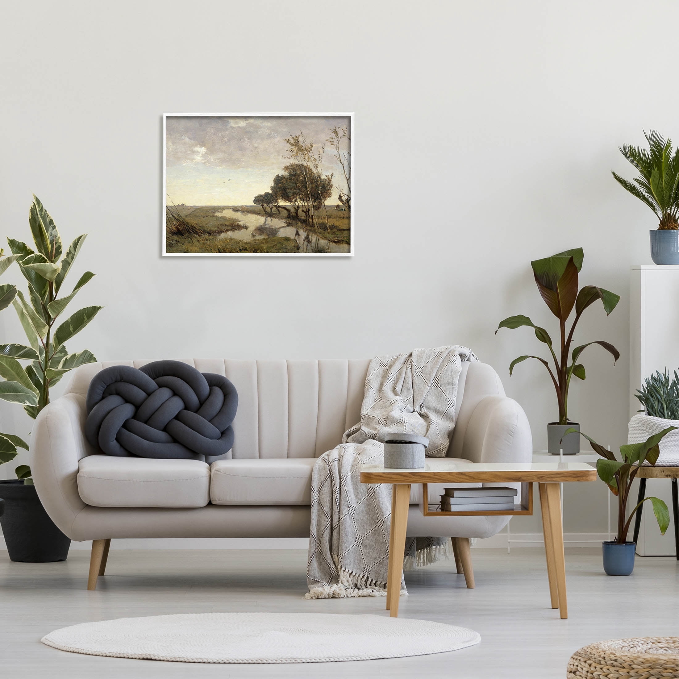 Classic Stream Animals Grazing Landscape Painting White Framed Art Print Wall Art