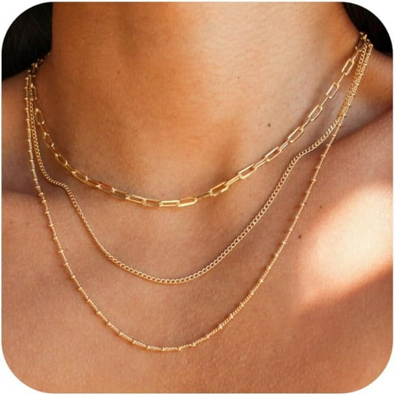 Waterproof Gold Necklace Layered Necklaces for Women Non Tarnish,18k Gold Plated Stainless Steel Stack Thin Chain Necklace Set for Women Gifts Jewelry