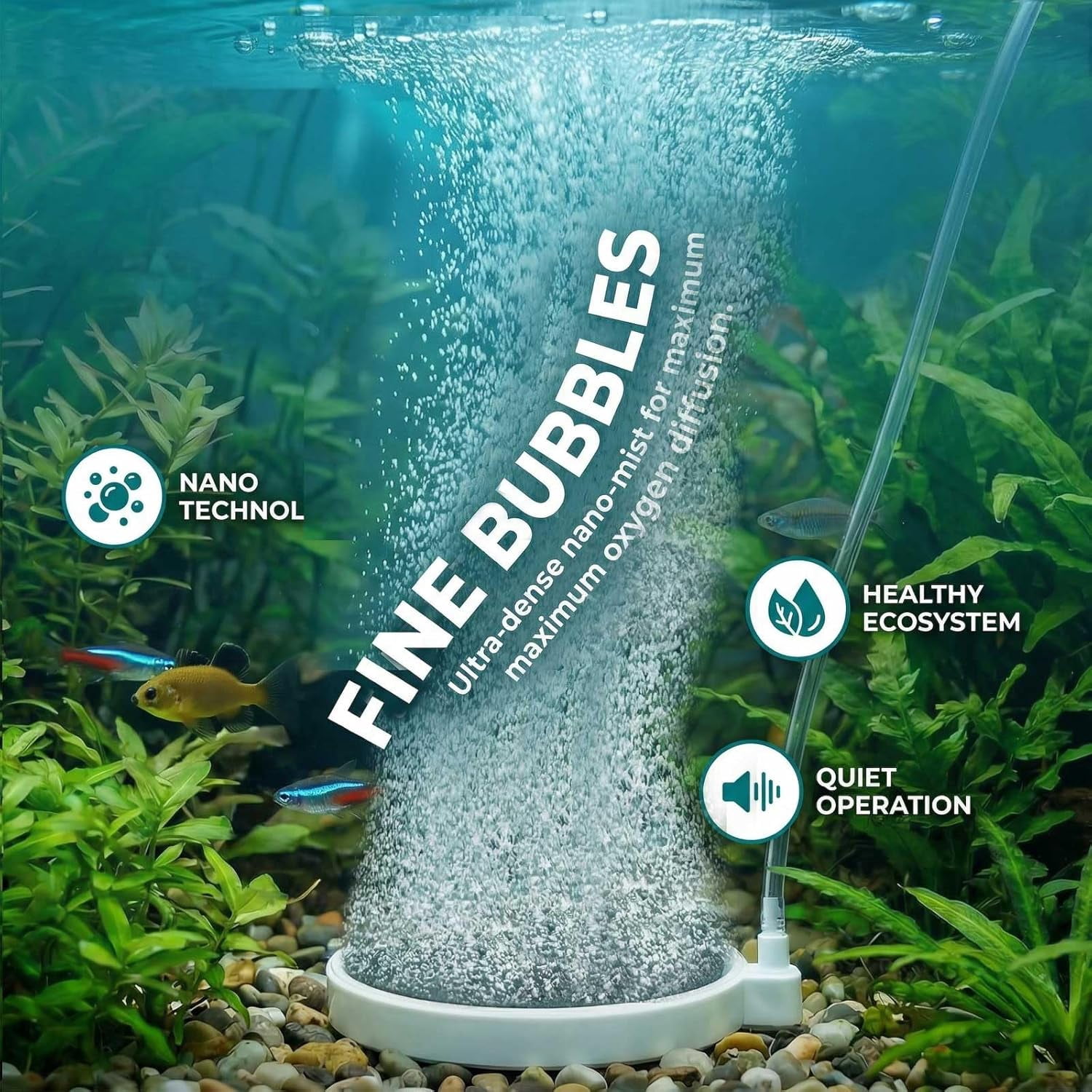 Aquarium Air Stone Bubbler 13cm, Nano Oxygen Diffuser for Fish Tank, Ultra-Fine Micro Bubble Disk with Stainless Steel Elbow Connector, Quiet Operation (Air Pump Not Included)
