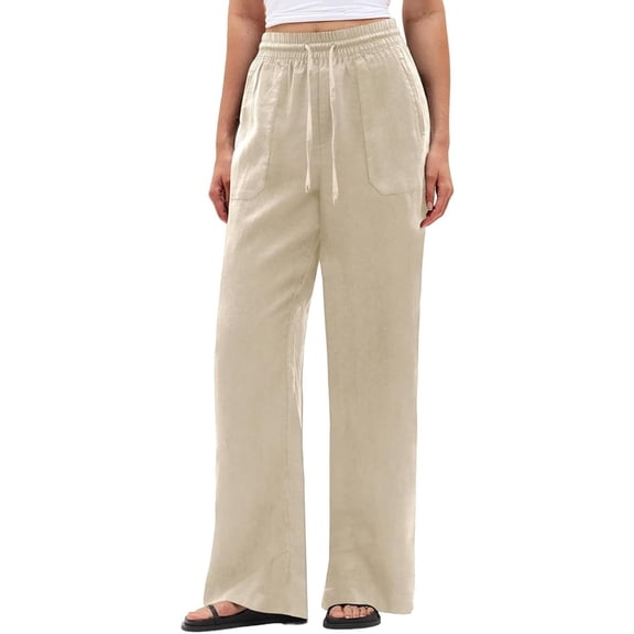 VEKDONE Wide Leg Palazzo Pants for Women Cotton Drawstring Flowy Straight Trousers with Pockets Casual Loose Fit Lightweight Long Pants Beige XXL