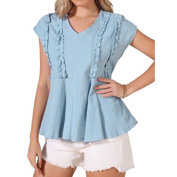 DARING DIVA Women's Peplum Tops Short Sleeve V Neck Blouse Cotton Loose Tie Back S Blue