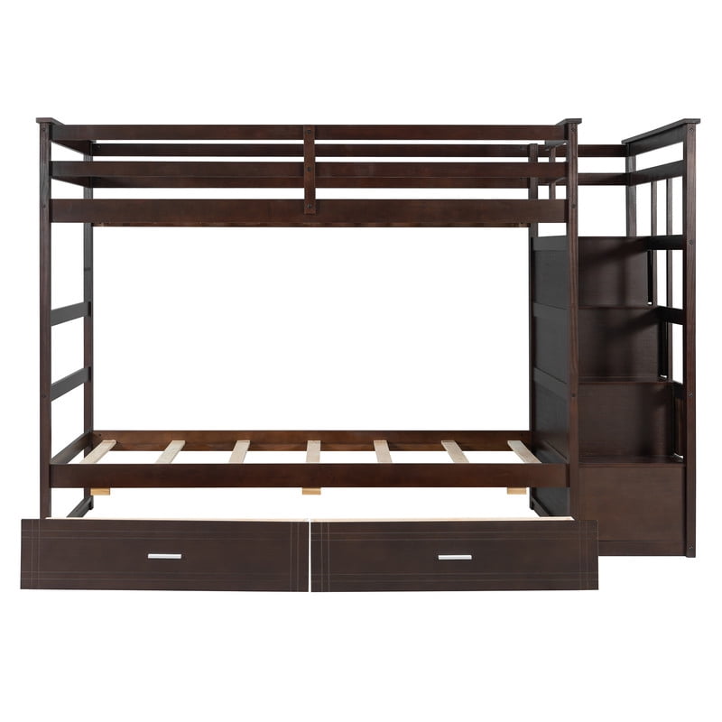 Twin Over Twin Kids/Teens Bunk Bed with Buit-In Staircase, Wooden Storage Bed Frame with 6 Drawers