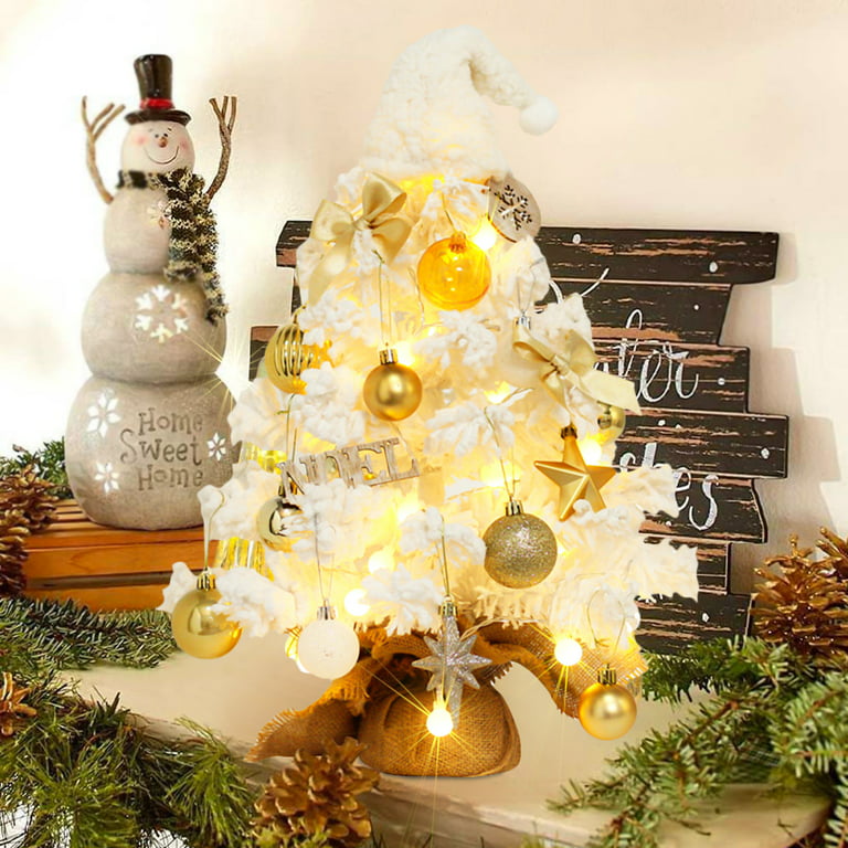 20 Inch Pre-lit Decorated Tabletop Christmas Tree, Snow Flocked Mini White  Christmas Tree with Snowflake and Christmas Ball Tree Topper, White Xmas