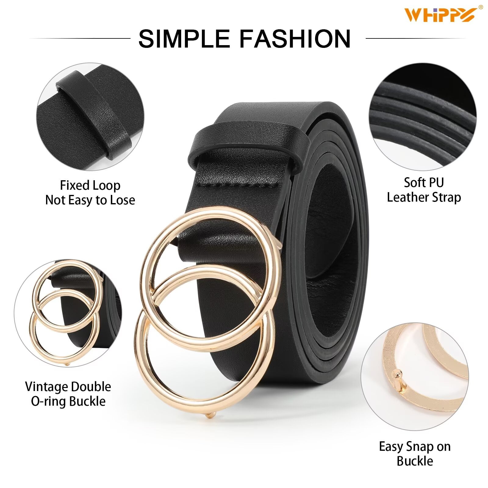 WHIPPY Women Leather Belt with Double Ring Buckle, Ladies Waist