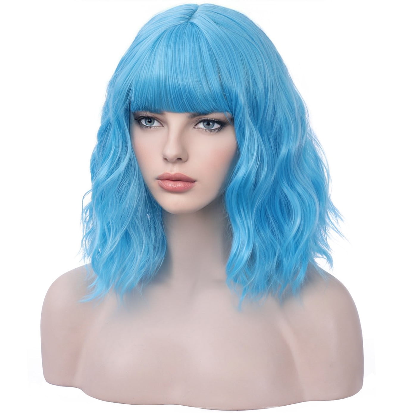 BERON Sky Blue Short Curly Bob Wig for Women Natural Looking Synthetic Heat Resistant Fiber Wig for Daily Use Wig Cap Included
