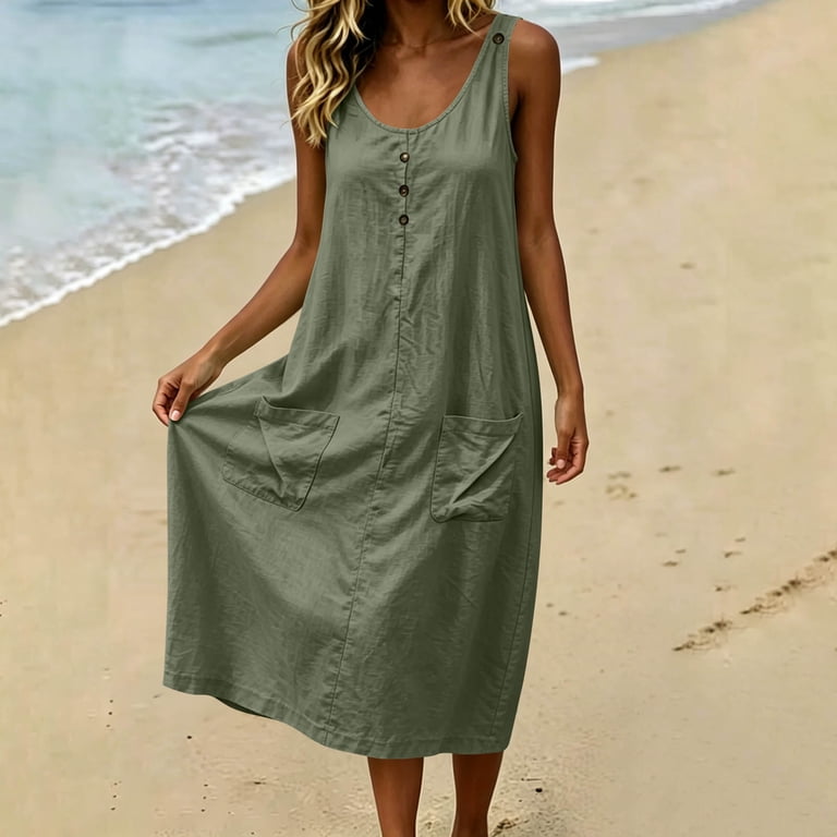 summer cotton dress Nmnitkp Women's Linen Sleeveless Midi Dress, Round Neck Button Front Loose Tank with Pockets, Casual Dress for Beach Vacation & Daily Wear Army Green,S Stylish 1920s Sheath/Column Spaghetti Straps Made To Order Sizes:AU 2XL/16 Buy White 100% Cotton Cutouts