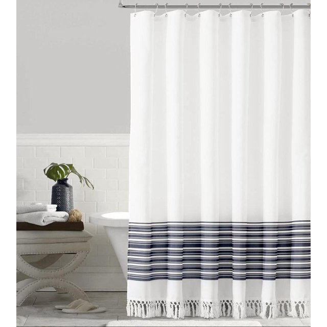 Blue Striped Shower Curtain with Double Knot Fringe, Farmhouse Boho