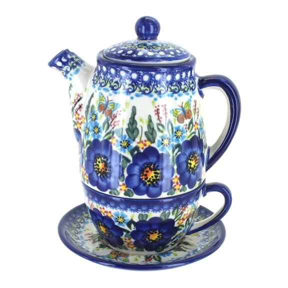 Blue Rose Polish Pottery Garden of Blue Tea For One