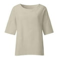 thumbnail image 6 of CFLVAEK Cotton Linen Tops for Women Plus Size Elbow Length Sleeve Tshirts Oversized Crewneck Shirts Side Slit Going Out Tops Solid Color Summer Tees Beige XXL, 6 of 7