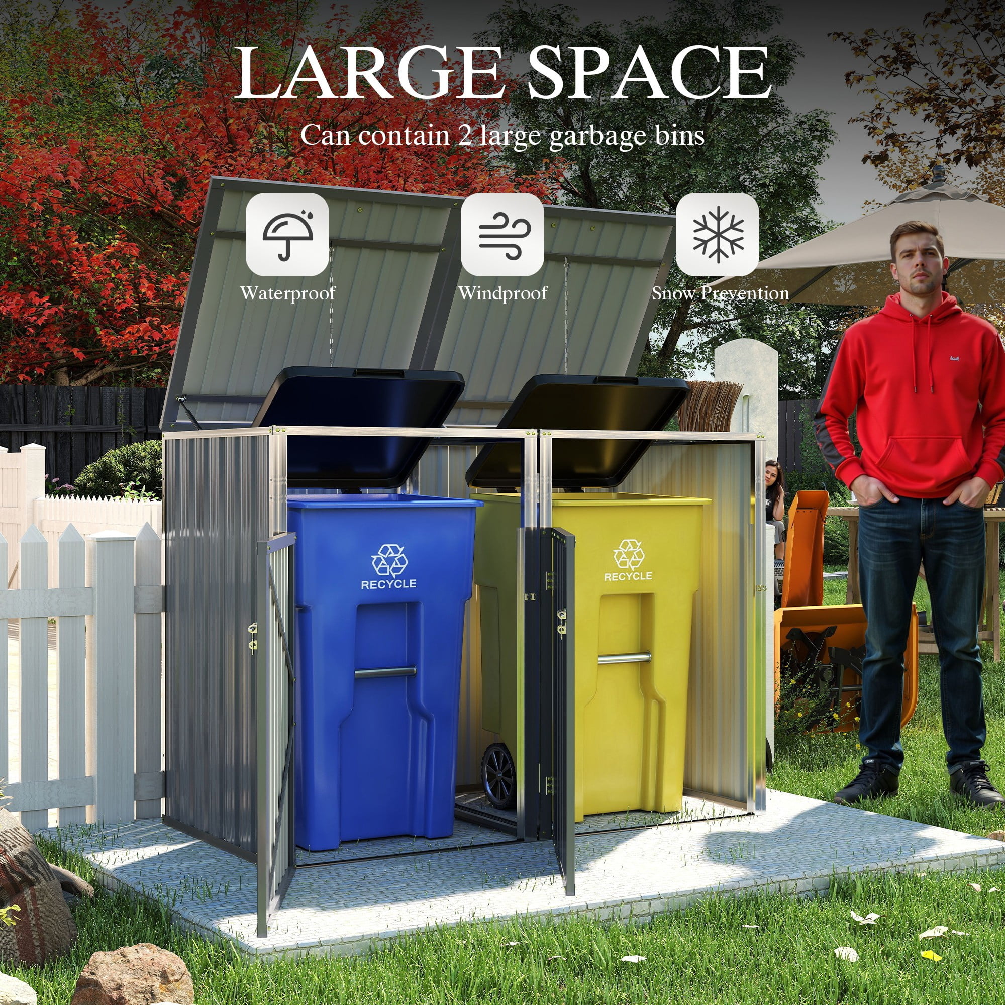 Aukfa 5.3 FT x 4 FT Outdoor Horizontal Garbage Bin Shed for 2 Trash Cans, Metal Trash Can Storage Shed with Lid Lift Chains & Hydraulic Support for Backyard Garden Lawn, Light Gray