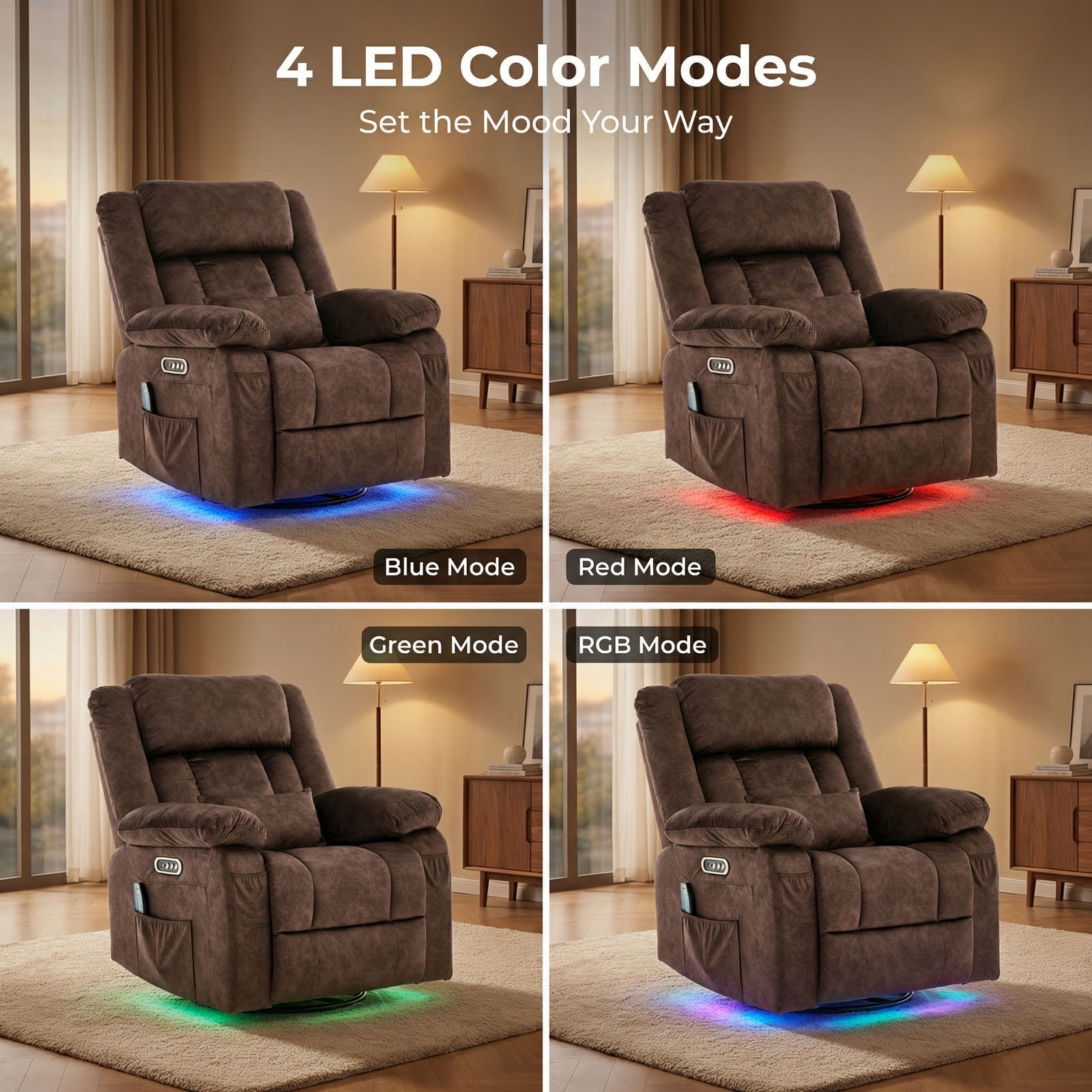 IPKIG Electric Power Recliner with Heat & Massage, 240° Swivel Rocking Chair for Living Room, LED Home Theater Recliner, Velvet Brown
