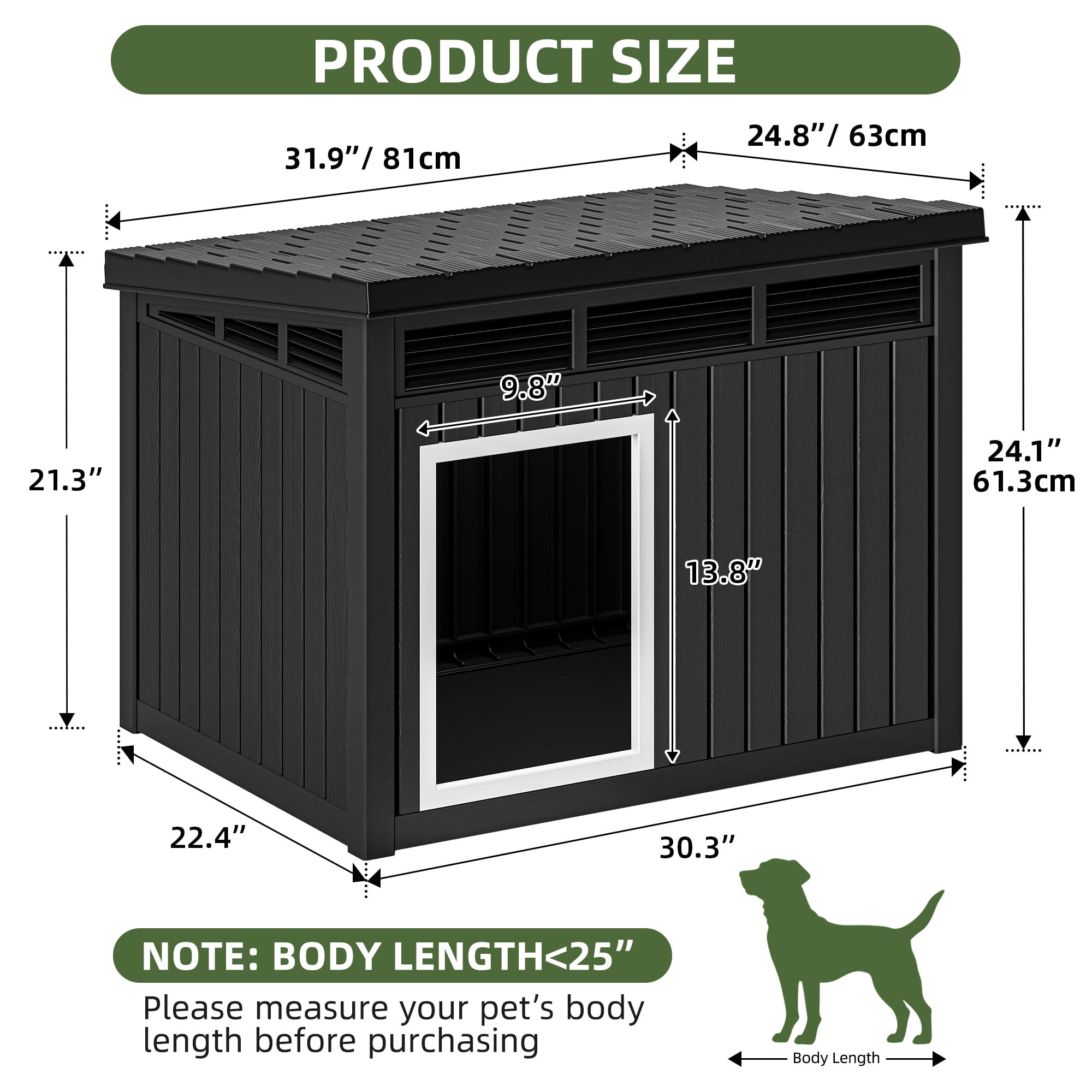 Uforic 32" Plastic Dog House, Outdoor Indoor Dog Kennel with Liftable Roof & Good Ventilation for Medium Dogs,Black
