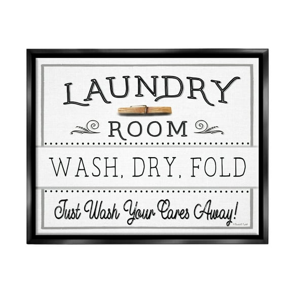 Stupell Industries Wash Cares Away Laundry Typography Painting Black Floater Framed Canvas Art Print Wall Art, 21 x 17