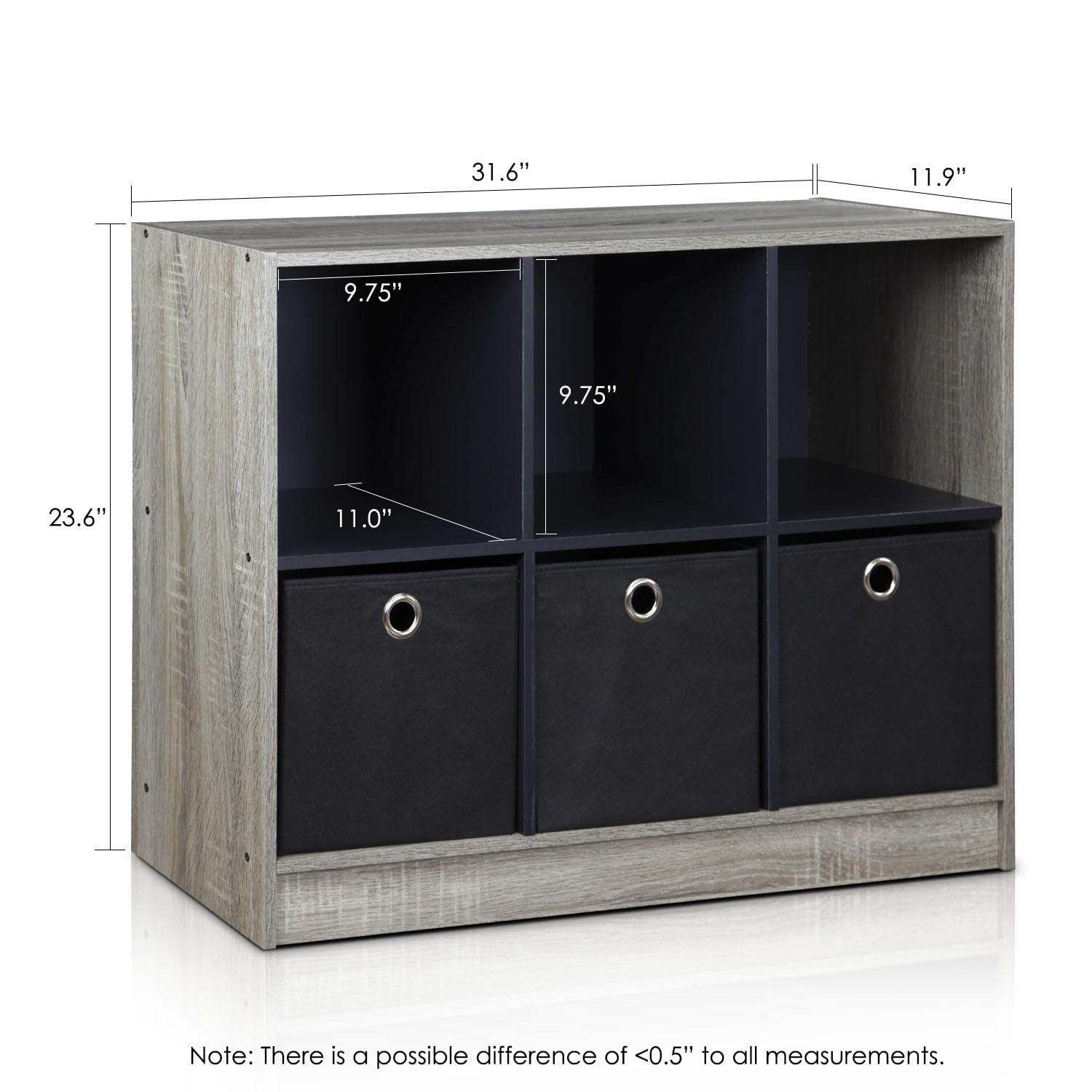 Furinno Basic 3x2 Bookcase Storage with Bins, French Oak/Black