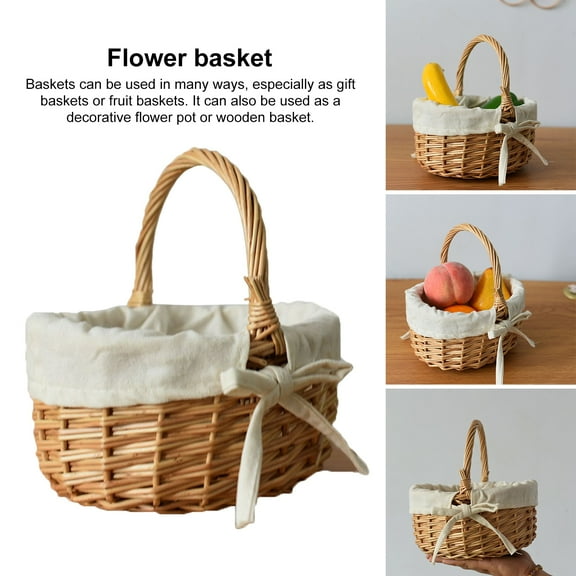 sunsanly Flower Basket with Handle And Fabric Lining Hand-Woven Great Load Bearing Large Capacity Picnic Camping Basket Easter Gift Wicker Basket Grocery Vegetable Fruit Storage Container