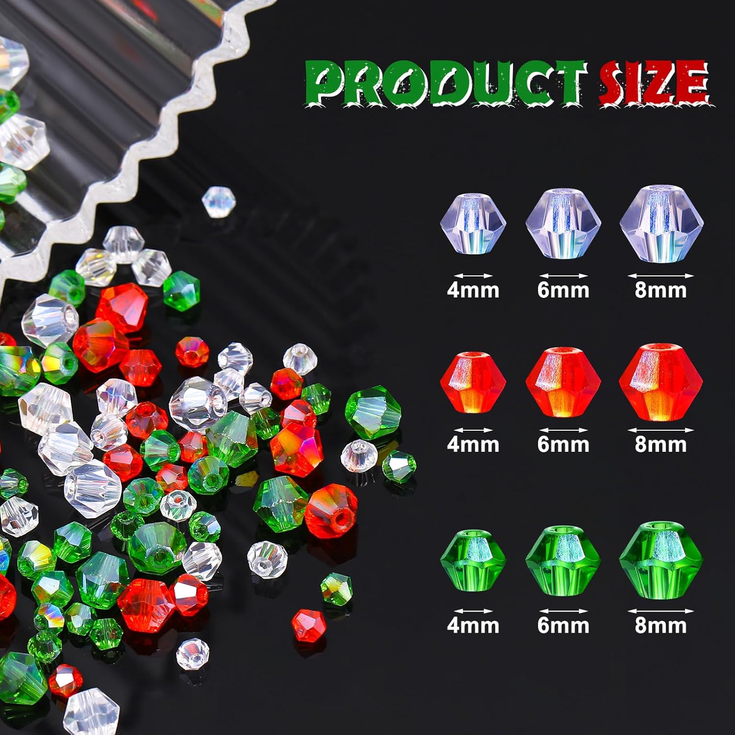1350 Pieces Christmas Crystal Beads Christmas Glass Beads for Jewelry Making Bulk 4/6/8 mm DIY Bicone Crafts ewelry Necklace Bracelet Wristband Earring Kit (Red, Green, White)