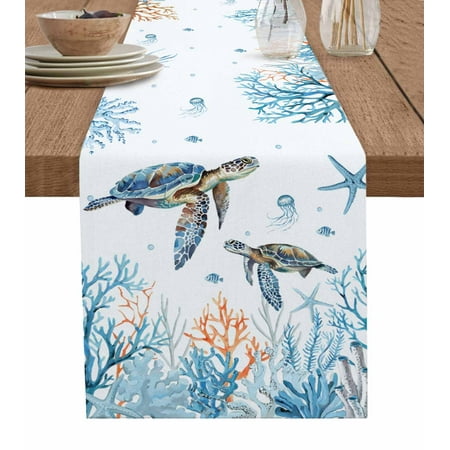 

Coastal Turtle Table Runner Blue Ocean Coral Starfish Seagrass Tablerunners 18 x 72 Inch Table Decorations Tabletop Scarf for Summer Gathering Holiday Farmhouse Kitchen Dining Decor