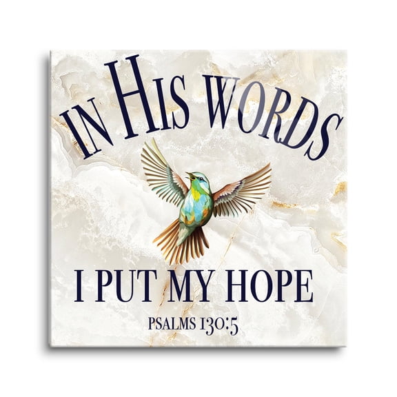 His Words My Hope Marbled Ivory Tone Bird 24 x 24 Glass Wall Hanging Sign