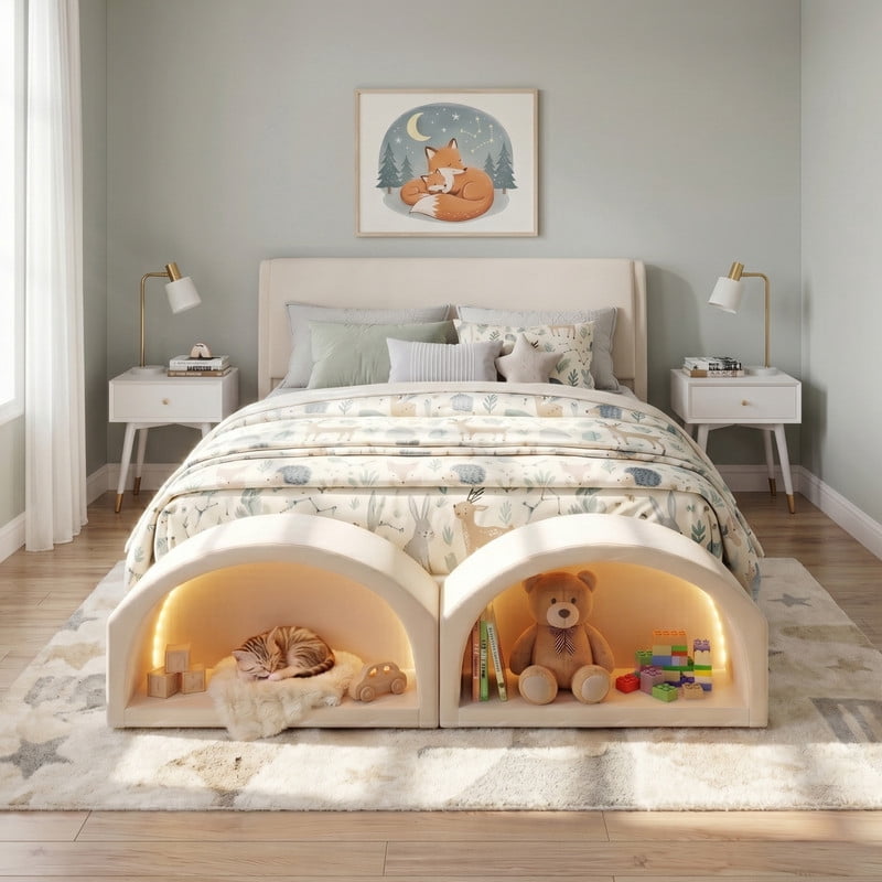 Queen Size Upholstered Platform Bed with LED Lights, Velvet Kids/Teens/Adults Low-Profile Bed Frame with Pet Nests at Footboard