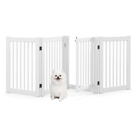 Qtypgm Dog Gate with Door - 30''H × 80''W Wooden Pet Gate with Walk Through Door, Foldable Freestanding 4 Panels Pet Safety Fence Extra Wide for Doorway Stairs House Deck Yard, White