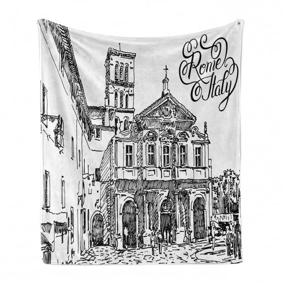 Italy Soft Flannel Fleece Blanket, Vintage Famous Cityscape of Rome Illustration Hand Drawing Sketch Pattern Print, Cozy Plush for Indoor and Outdoor Use, 50" x 60", Black and White, by Ambesonne