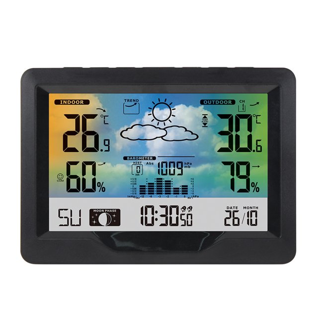 Nueva pantalla a color reloj meteorológico inalámbrico pronóstico del tiempo despertador termómetro higrómetro FJ3383F libro sin batería ACTIVE Biensenido a ACTIVE