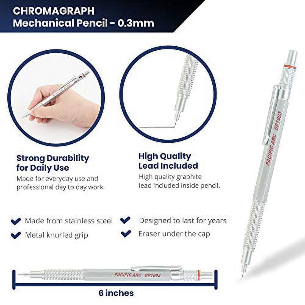 Pacific Arc - Chromograph Metal Mechanical Pencil .9 mm Silver Barrel Mechanical Pencil with Built In Adjustable Pencil Grade, Lead Pencil Holder for Drafting, Sketching, and Drawing