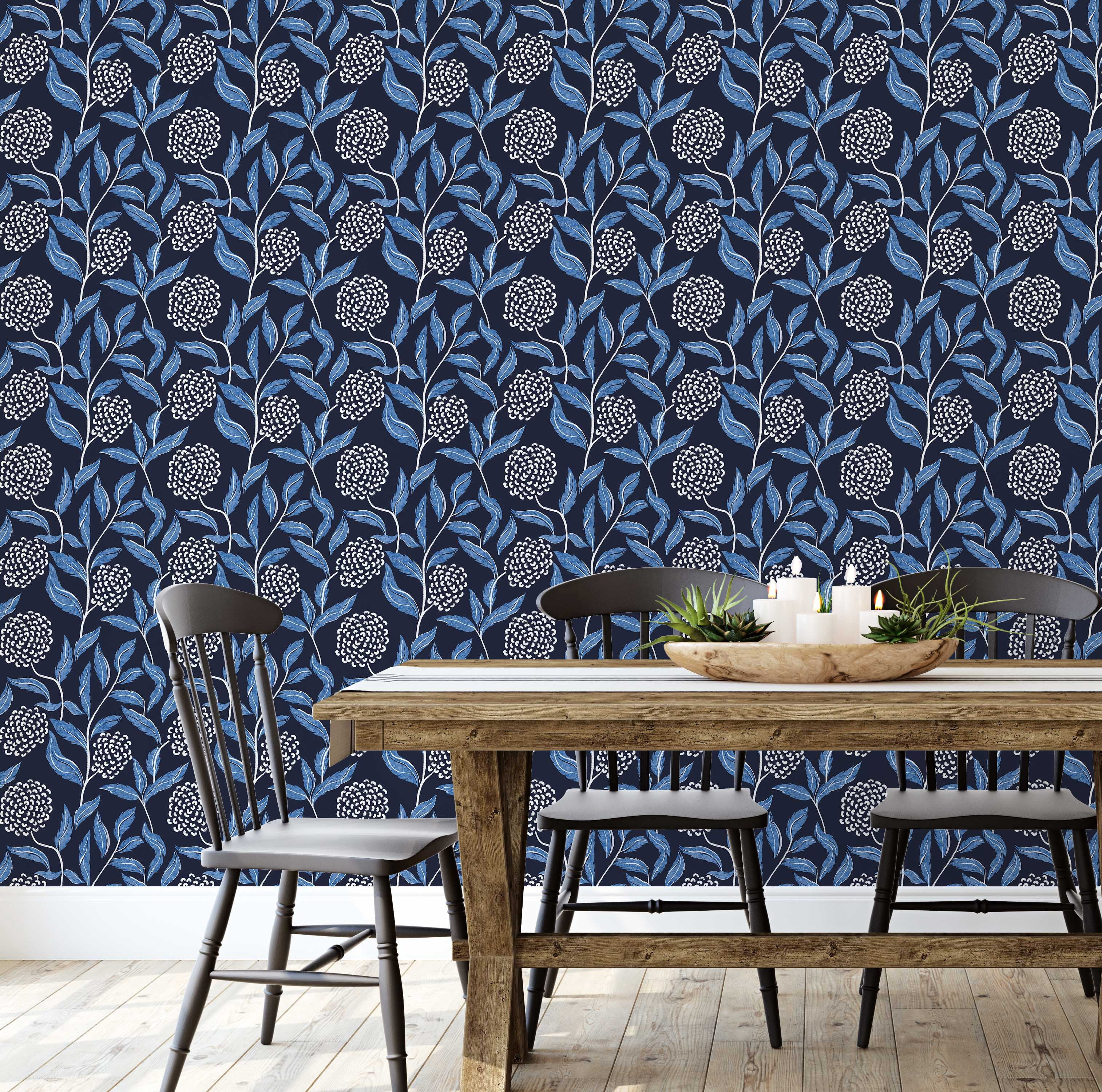 S4Sassy Peel and Stick Wall Covering, Chic Botanical Cluster Print Removable Walls Wrap - Blue Instant Wall Makeover Walls Mural for Bathroom, Laundry Room - Self-Adhesive Wallpaper Vinyl - 25"x60"