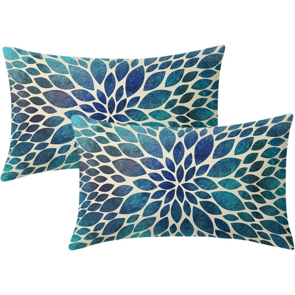 Spring Teal Dahlia Pillow Covers 12X20 in Navy Blue Teal Floral Lumbar Pillow Cases Modern Abstract Recgantle Throw Pillows Set of 2 Summer Home Decor for Living Room Bedroom Bed Cushion Outdoor