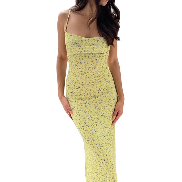 Kmbangi Robe Femme, Bretelles Spaghetti Sans Manches Dos Nu Ajustée Imprimé Floral Longues Robes