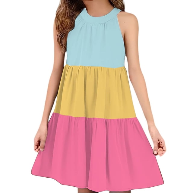 Robe d'Été Sans Manches à Empiècements pour Filles, Robe d'Été Décontractée à Col Rond à Étages en Doux Mélange Polyester-Spandex, Brun 110