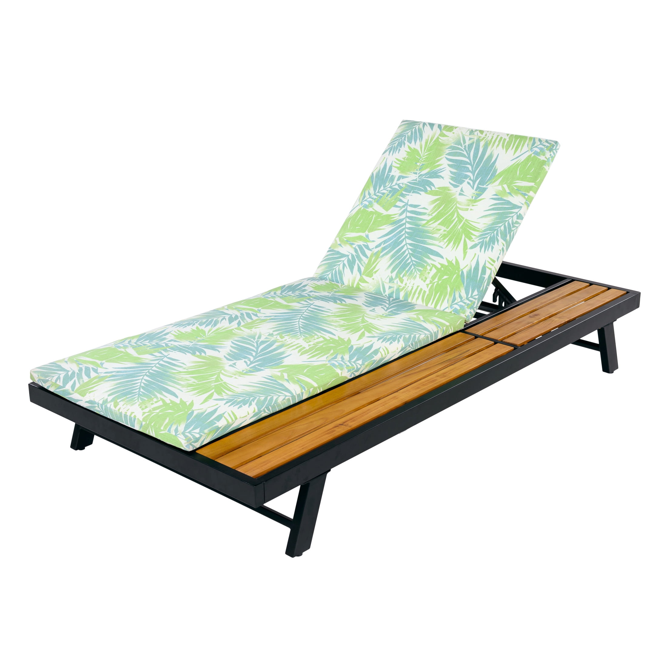 Christopher Knight Home Adjustable Outdoor Iron Chaise Lounge with Cushion, Wood Side Shelf, Black+Leaf