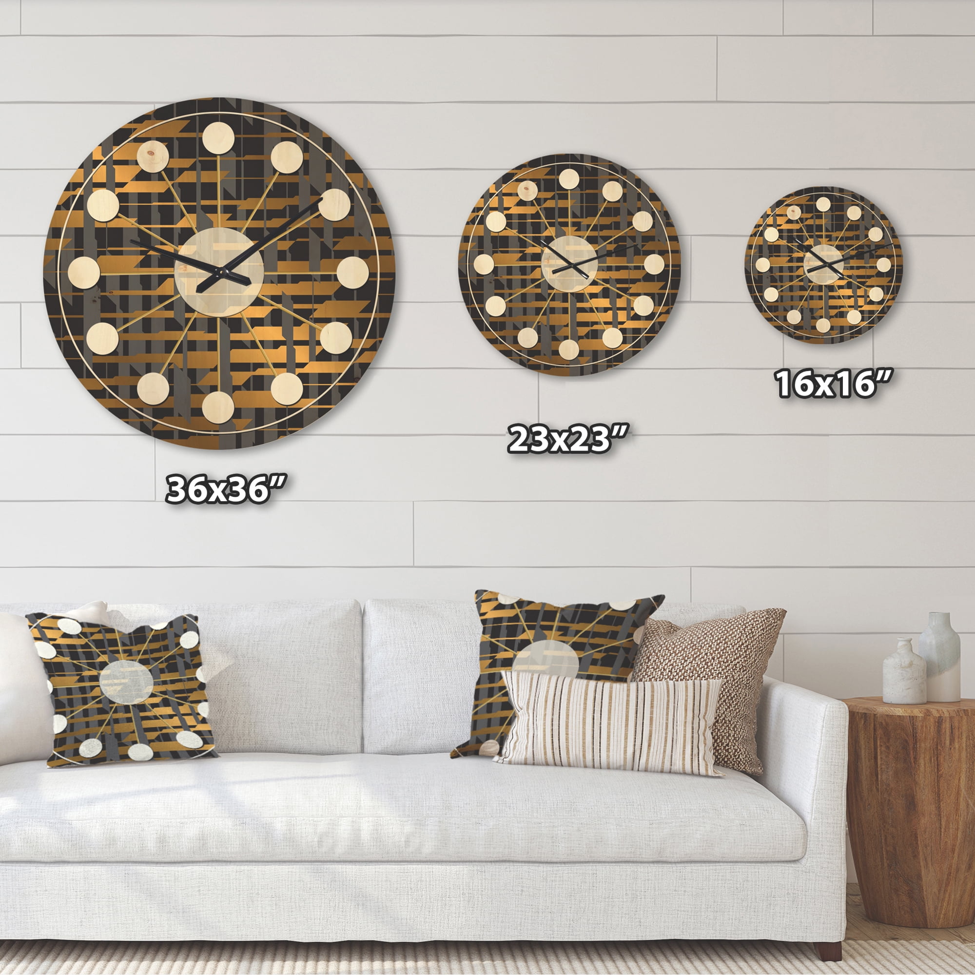 Designart 'Gold Checkered Retro Pattern I' Mid-Century Modern Wood Wall Clock
