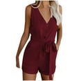thumbnail image 2 of Daqian Womens Plus Size Shorts Clearance Womens Casual V Neck Bow Pocket Sleeveless Shorts Wide Shorts Jumpsuits Rompers Plus Size Shorts for Women Wine 6(M), 2 of 4