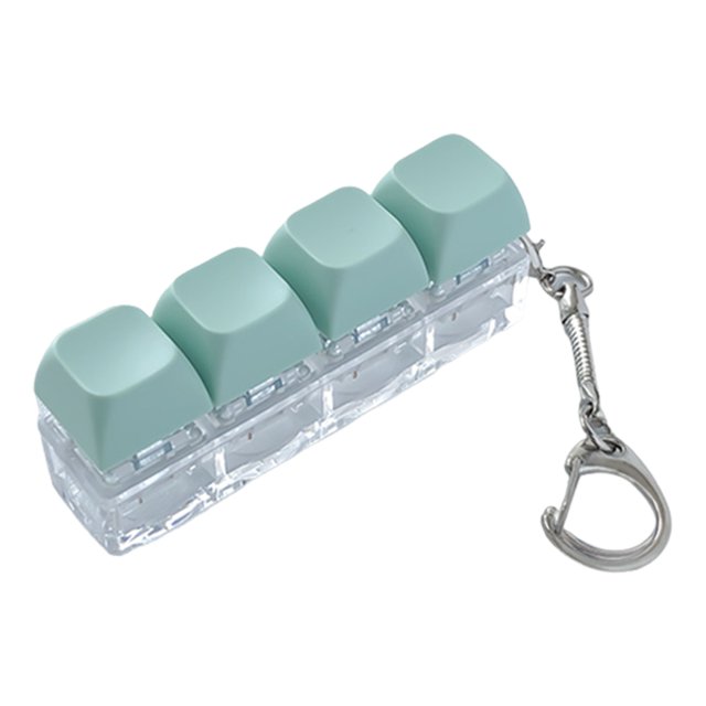 Mechanical Keyboard Fidget Keychain Stress Anxiety Relief Portable Travel Quiet Kids Adults 4 Keys Keyboard Clicking Sensory Keycap Toy. A compact, portable travel accessory featuring four pastel green keycaps on a transparent base with a metal keychain attachment. Designed for stress relief and sensory engagement, it offers tactile feedback and audible clicking sounds. Ideal for discreet use in quiet environments like schools, libraries, offices, or while traveling.