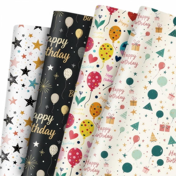 Birthday Wrapping Paper (Unisex), 12 Sheets, Featuring “Happy Birthday” Text with Polka Dots, Balloons, and Colorful Stripes - Holiday Gift Wrapping Paper