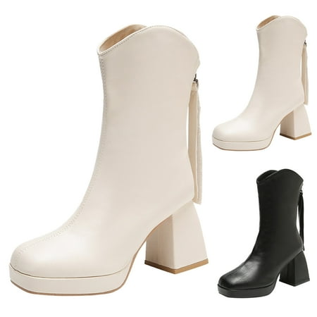 

Cathalem Women Ankle Boots Autumn And Winter Fashion Lamb Wool Panel Comfortable Square Heel Side Zipper Fall Boots for Women White 7.5