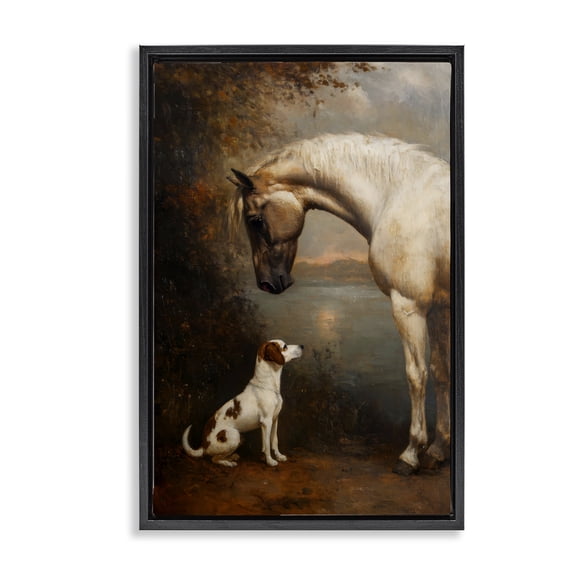 Stupell Industries Victorian Hound & Horse Vintage View Black Floating Frame Canvas Art, 17 x 25, by Petals Prints Design