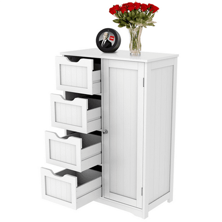 Wooden Bathroom Floor Cabinet, Side Storage Organizer Cabinet with 4 Drawers and 1 Cupboard,